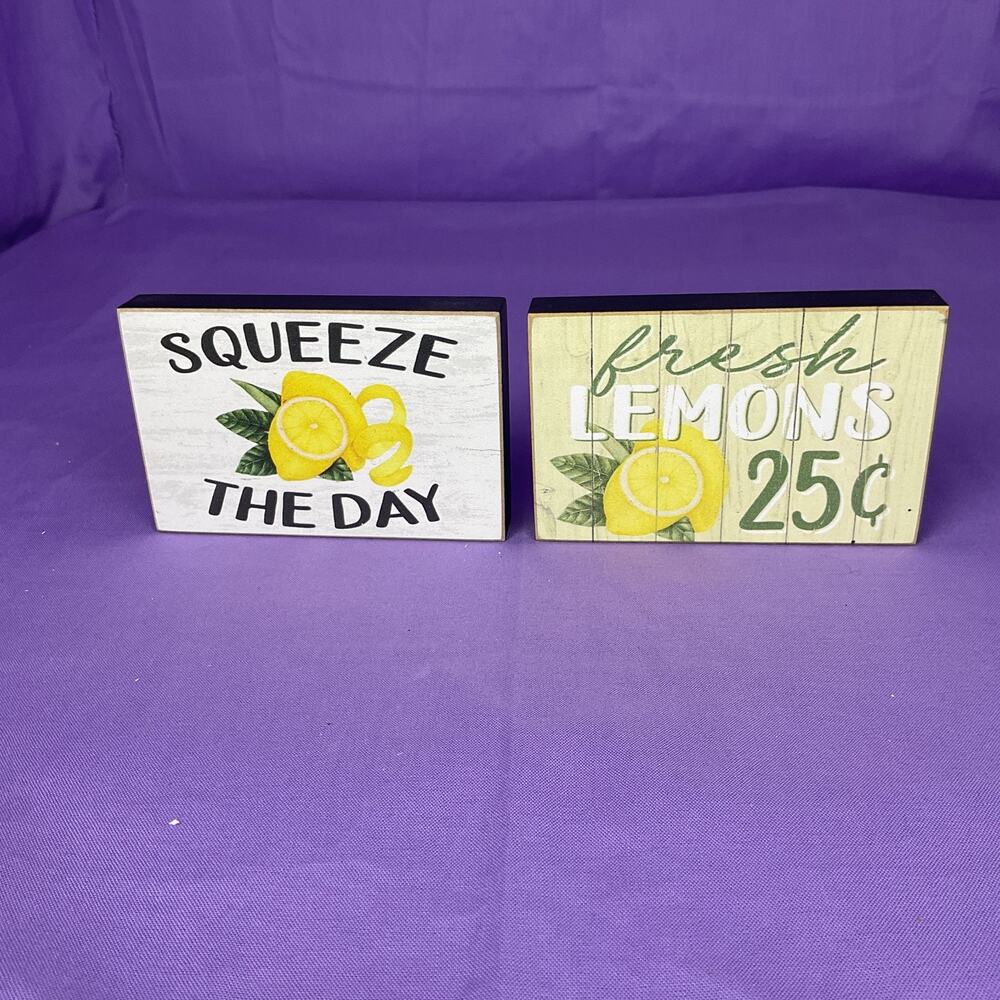Set of 2 Lemon Tabletop Wood Block Signs - Summer Kitchen Shelf Sitters